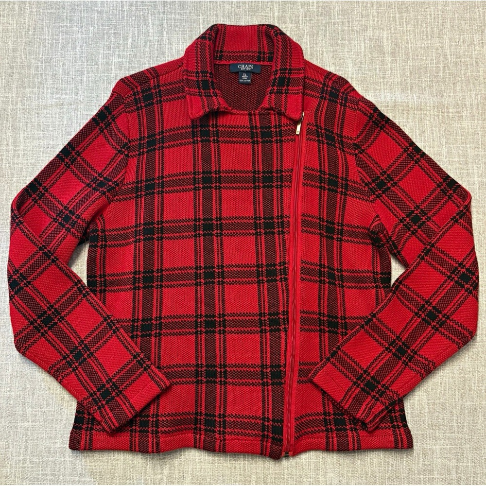 Chaps Women's Plaid Knit Full Zip Collared Cotton Sweater Red/Black XL